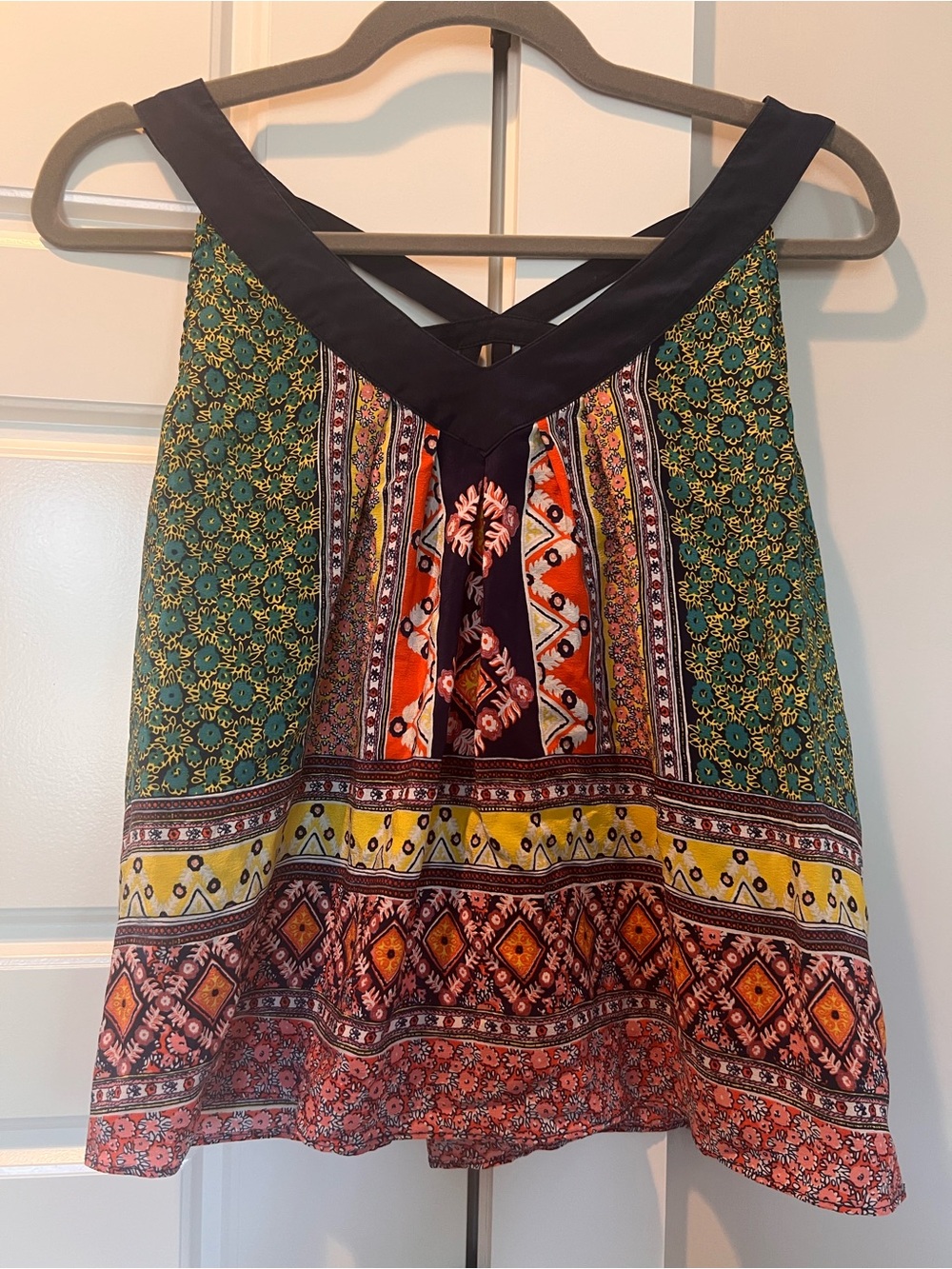 Maeve Green, Yellow & Orange Boho Print Crisscross Tank